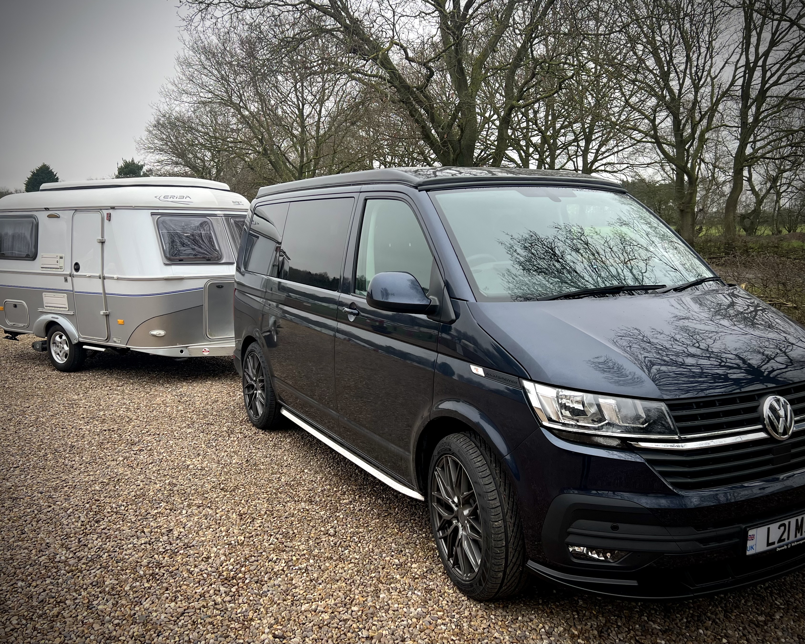 Gaston and Plum on a gravel road